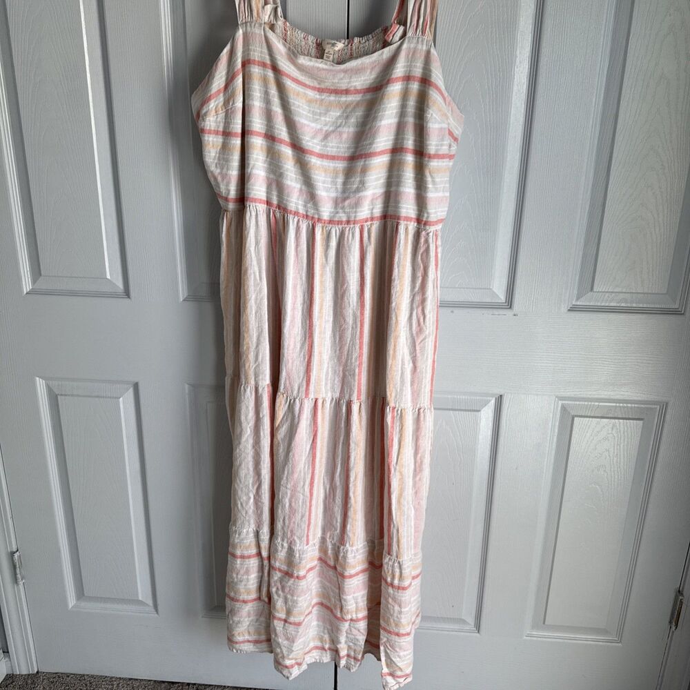 Tiered Maxi Linen Blend Sundress Peach Striped Pockets‎ Boho 4X Ruched Country